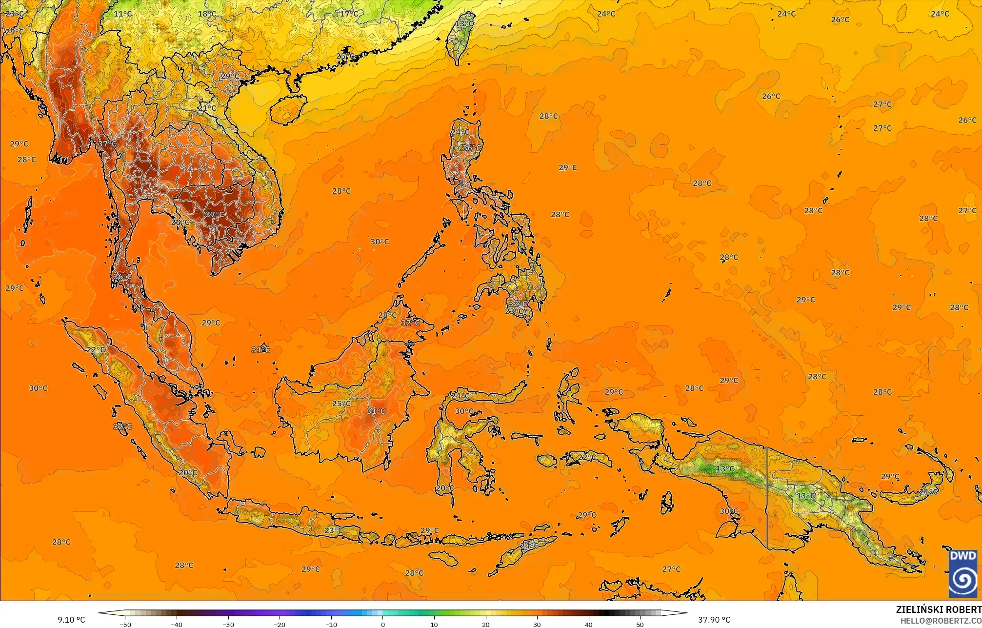 ICON modelo - Sudeste Asiático, Temperatura a 2 m