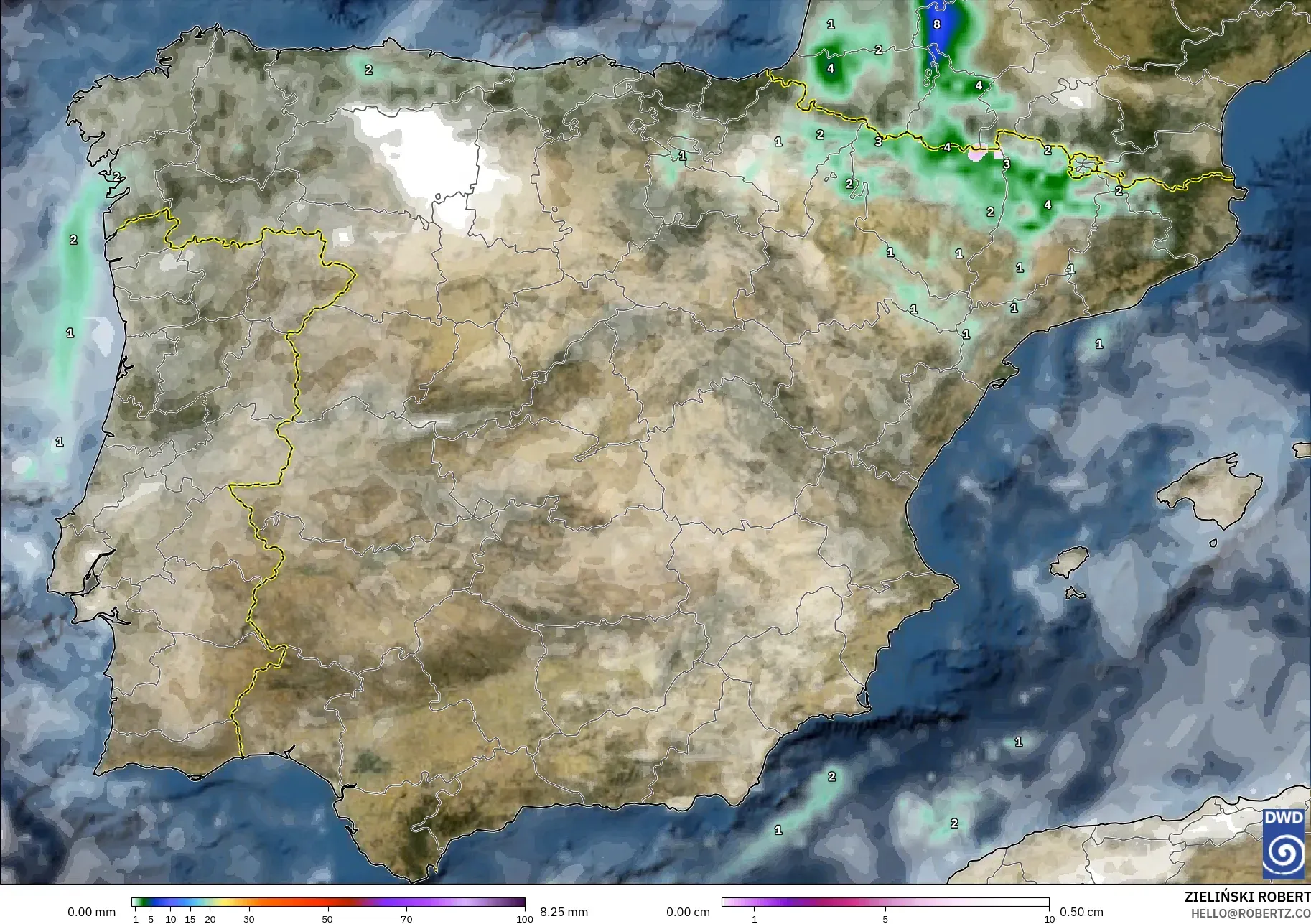ICON modelo - Espanha, Precipitação, nuvens e pressão