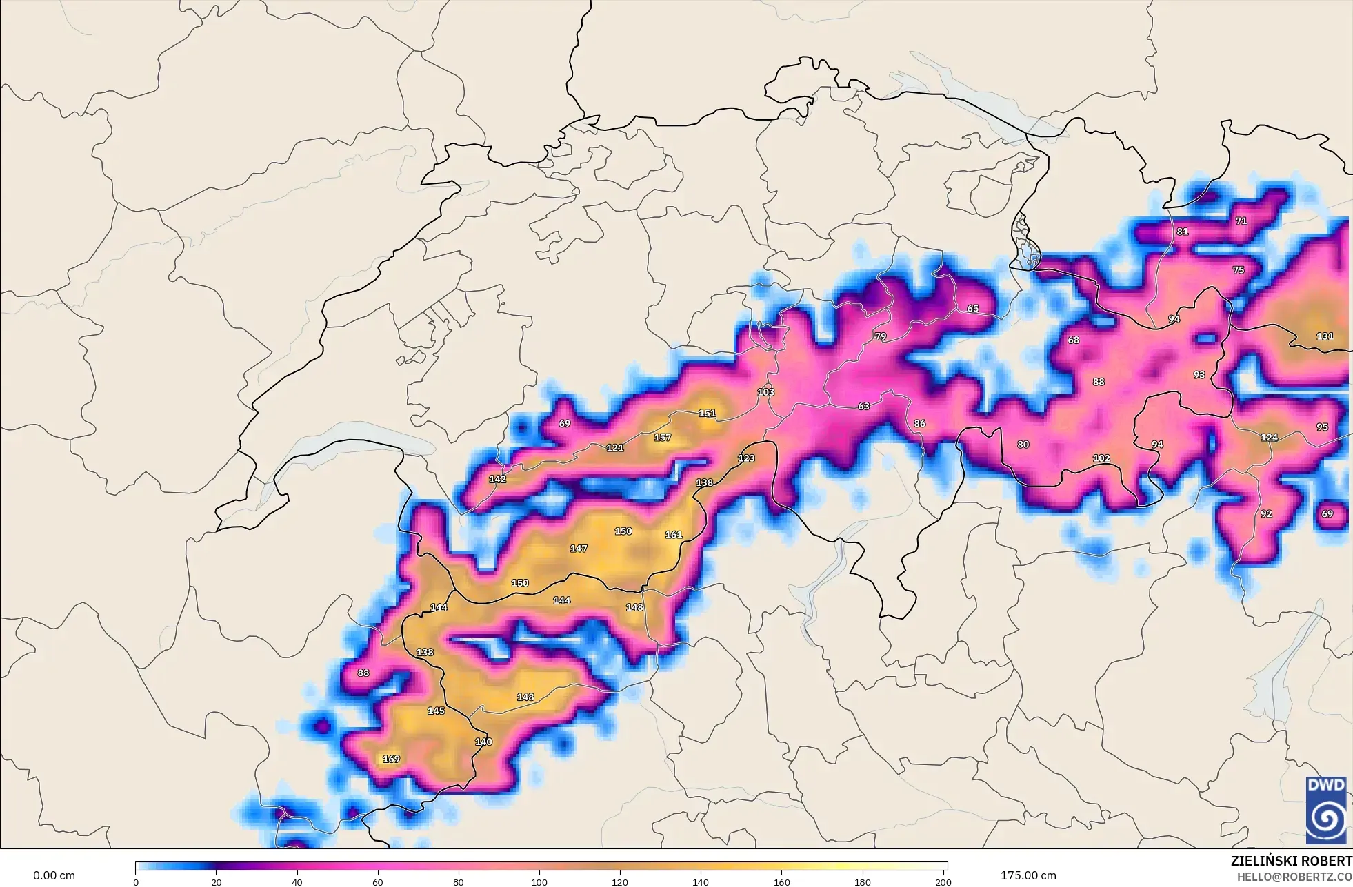 ICON modelo - Suíça, Profundidade da neve