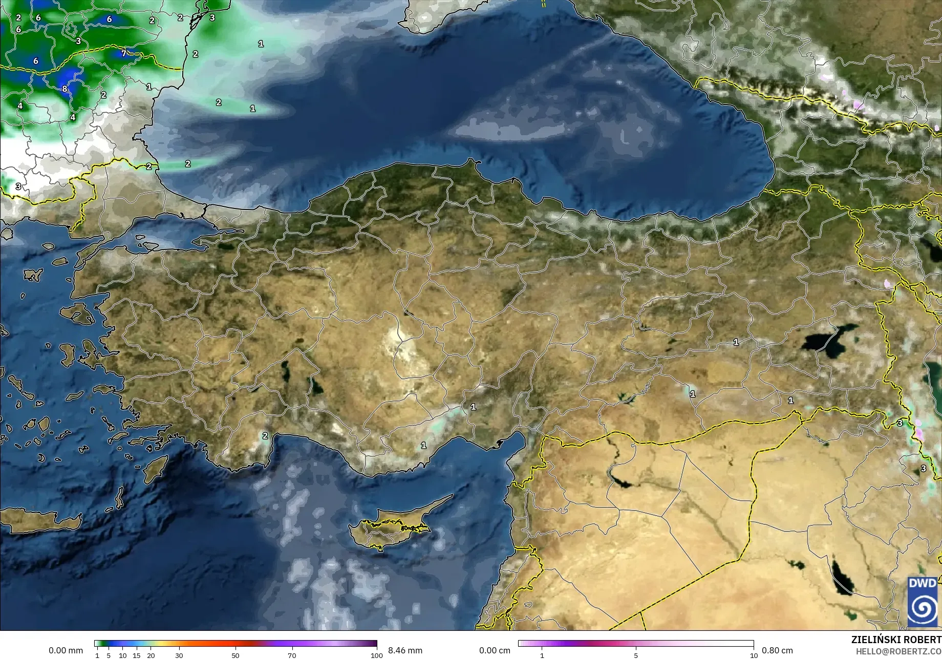 ICON modelo - Turquia, Precipitação, nuvens e pressão