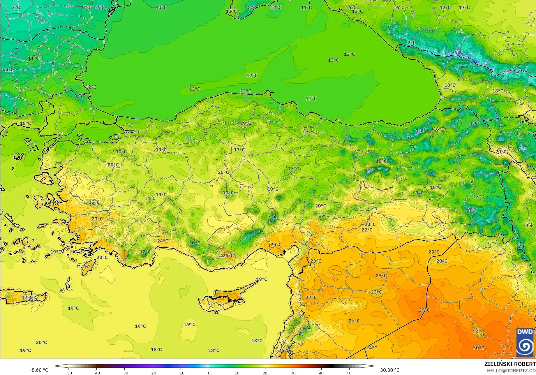 ICON modelo - Turquia, Temperatura a 2 m