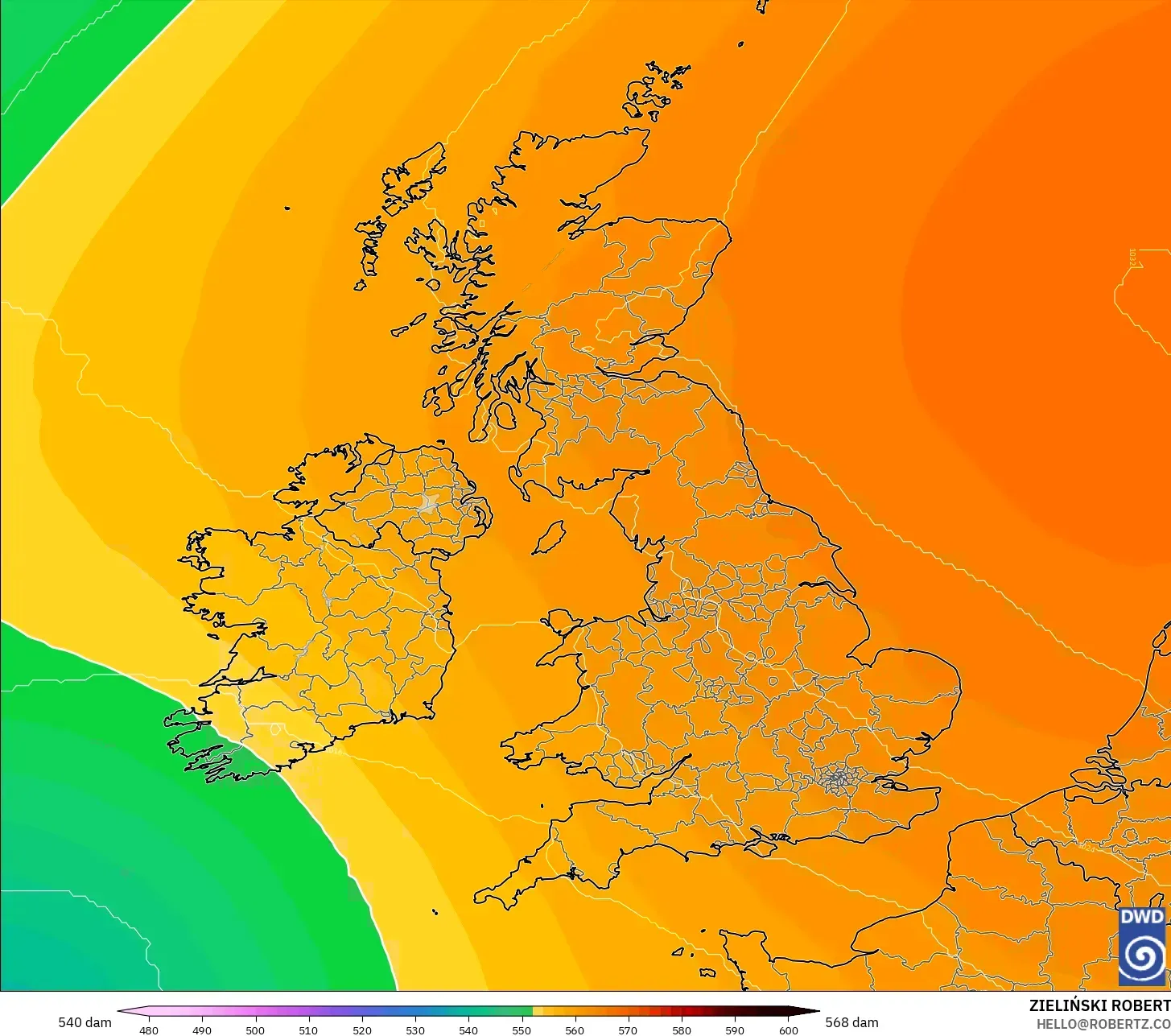 ICON modelo - Reino Unido, Altura geopotencial a 500 hPa