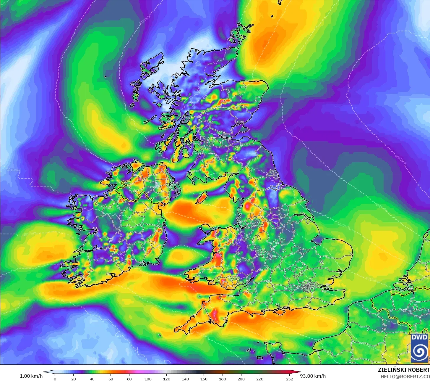ICON modelo - Reino Unido, Rajadas de vento