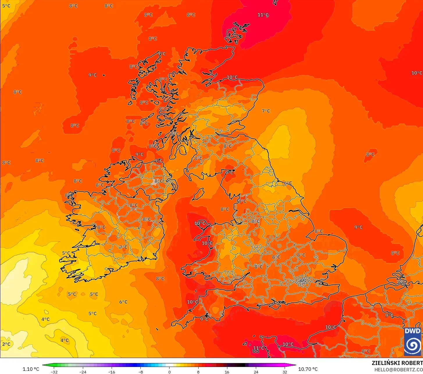 ICON modelo - Reino Unido, Anomalia de temperatura a 850 hPa