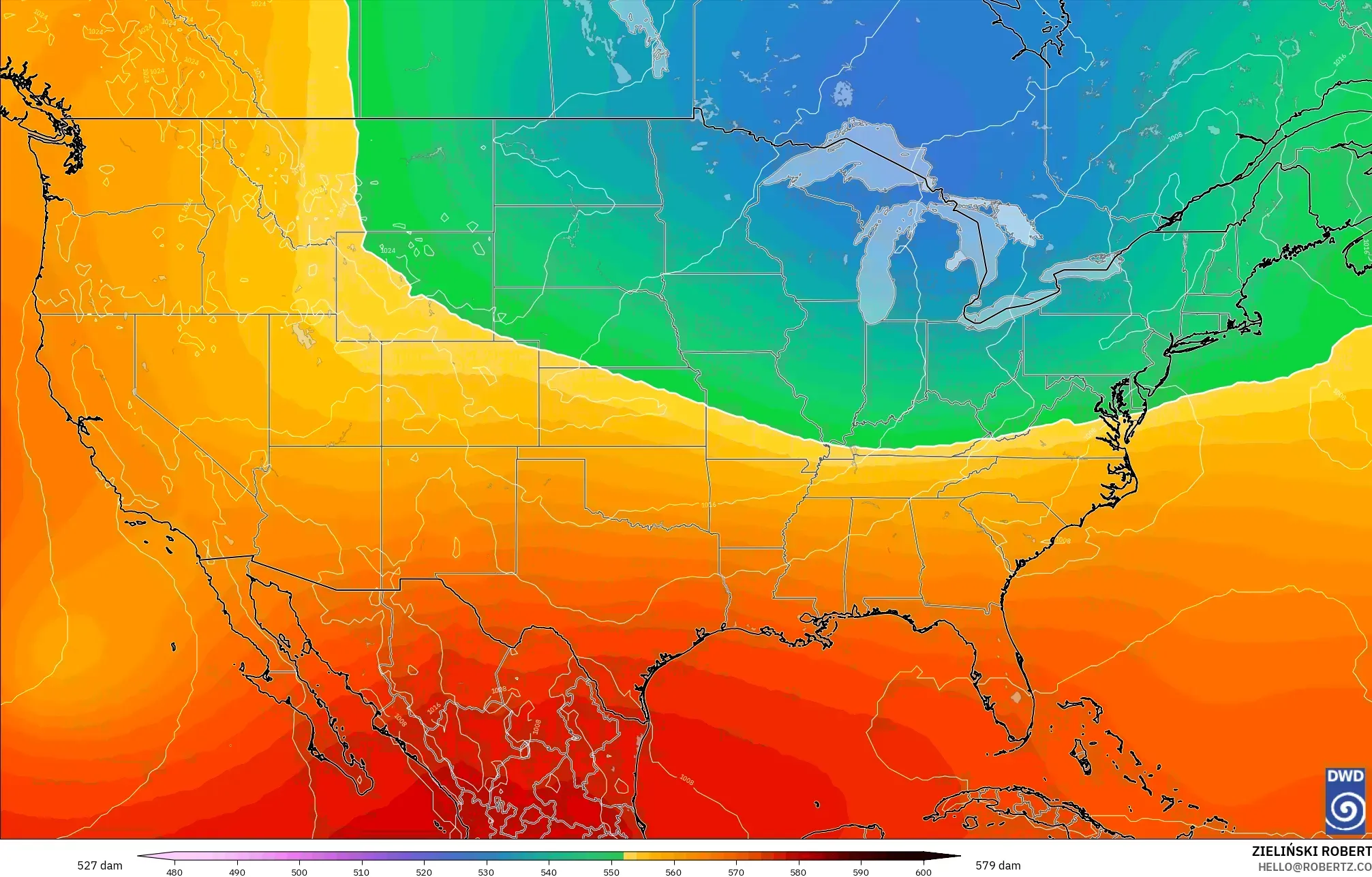 ICON modelo - Estados Unidos, Altura geopotencial a 500 hPa