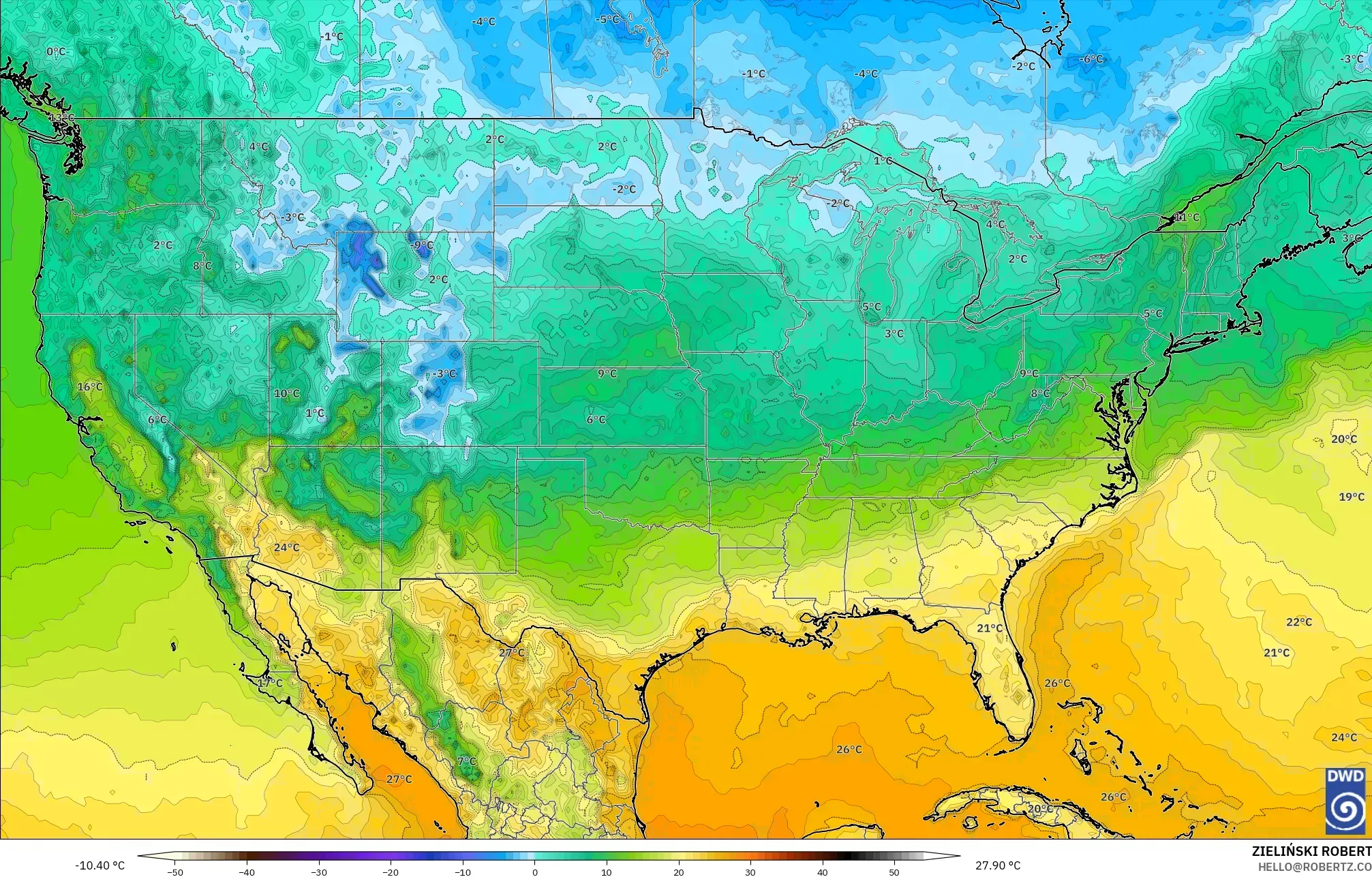 ICON modelo - Estados Unidos, Temperatura a 2 m