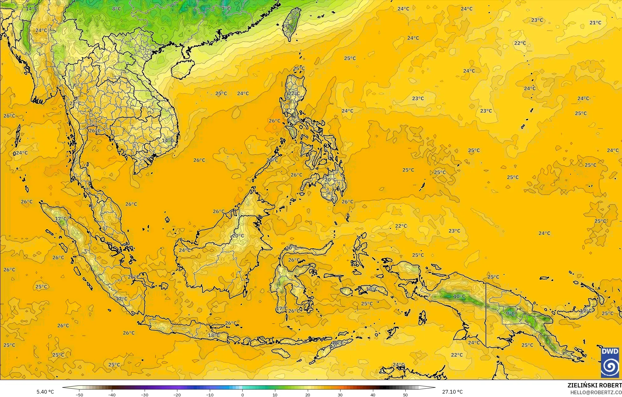ICON modelo - Sudeste Asiático, Ponto de orvalho a 2 m