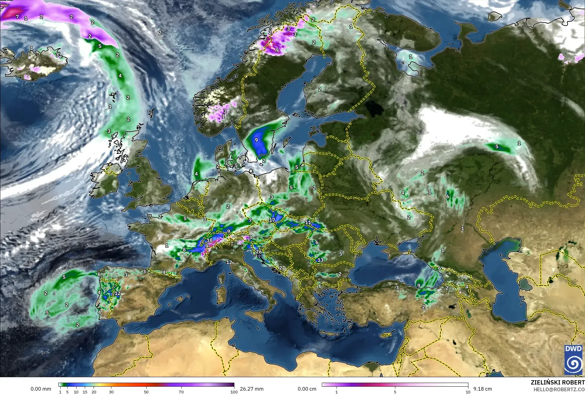 ICON modelo - Europa, Precipitação, nuvens e pressão