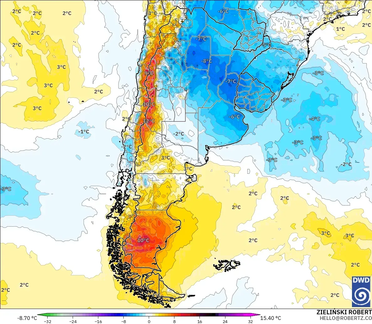 ICON modelo - Argentina, Anomalia de temperatura a 2 m