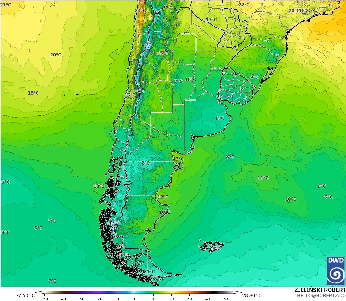 ICON modelo - Argentina, Temperatura a 2 m