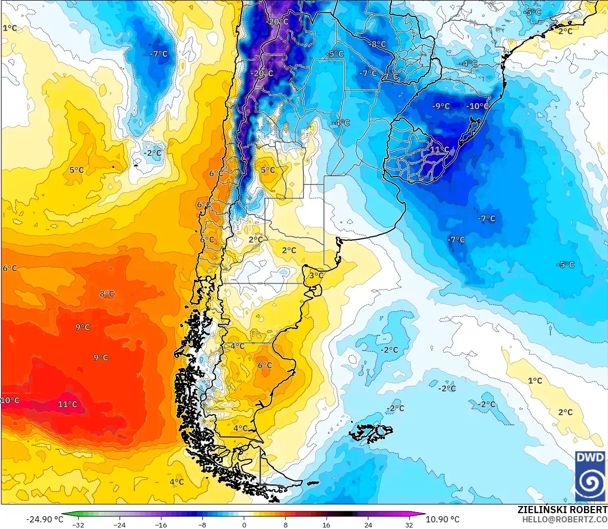 ICON modelo - Argentina, Anomalia de temperatura a 850 hPa