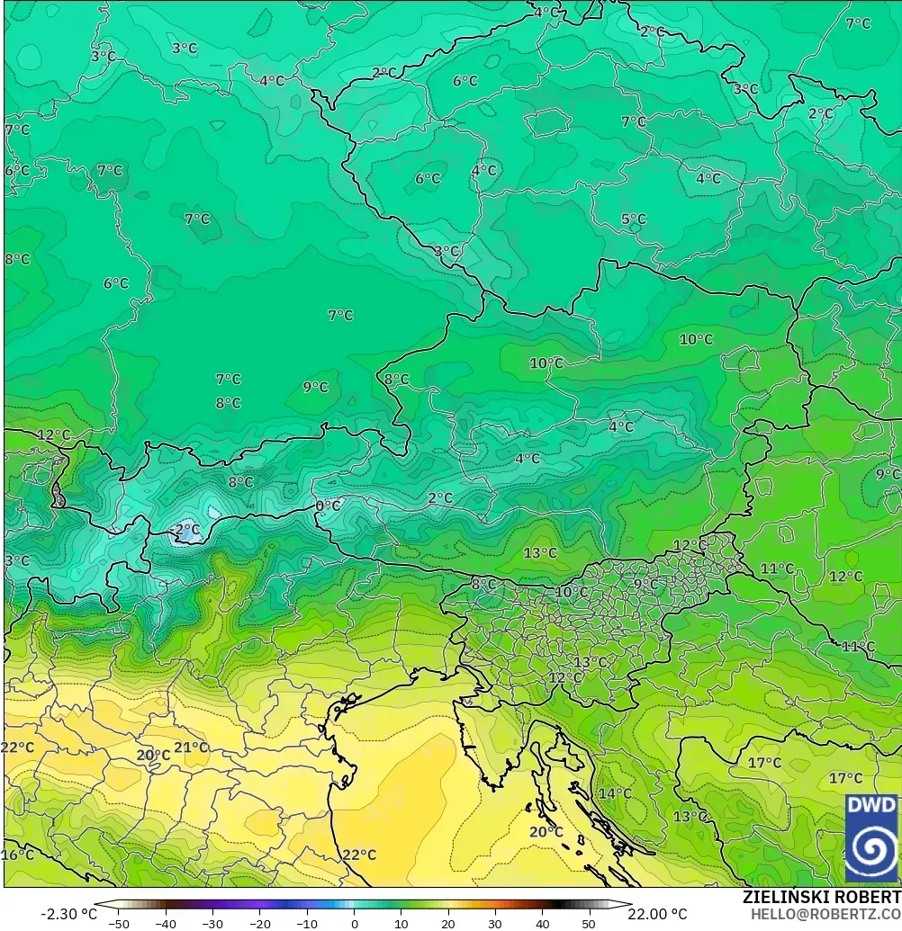 ICON modelo - Áustria, Temperatura a 850 hPa