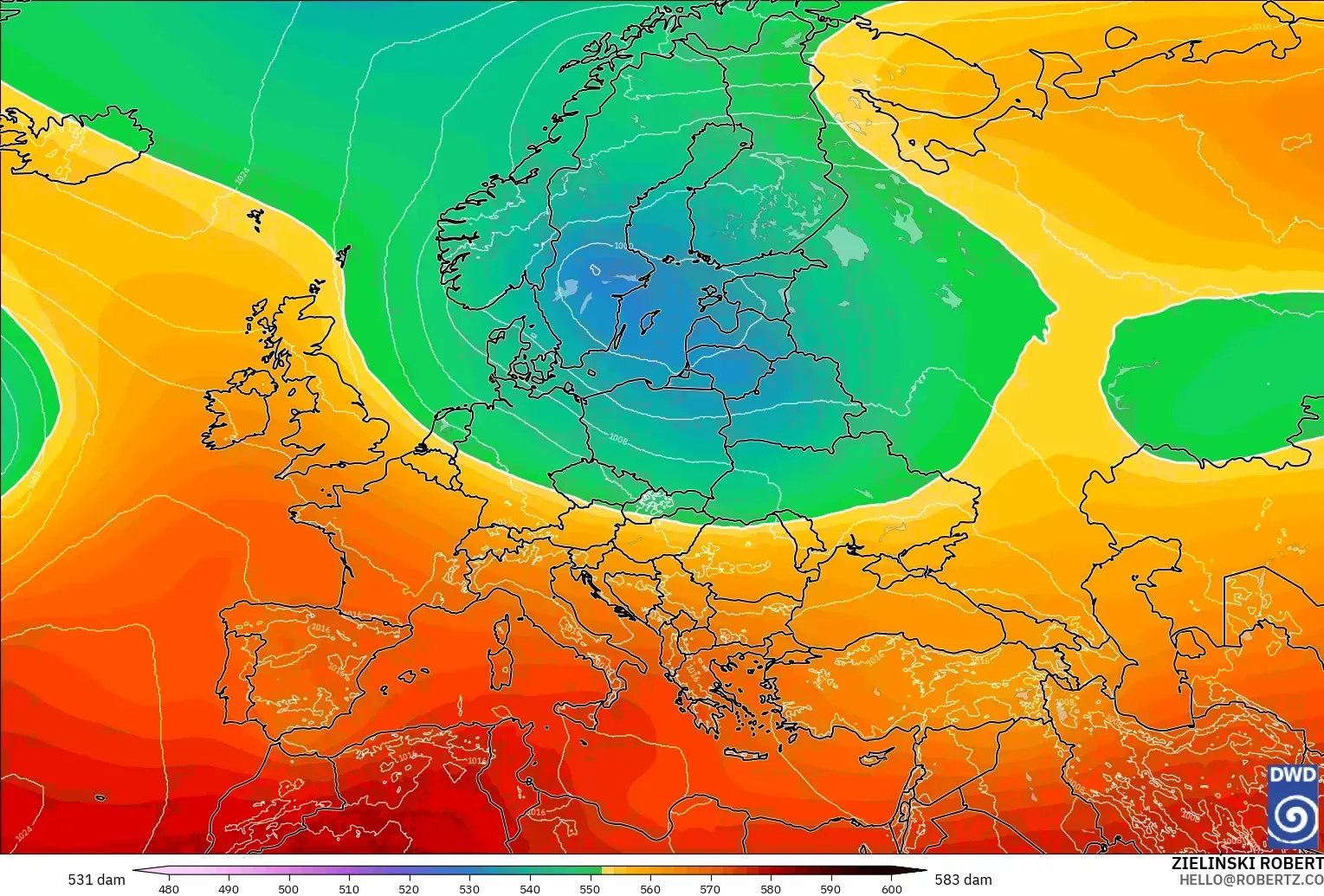 ICON modelo - Europa, Altura geopotencial a 500 hPa