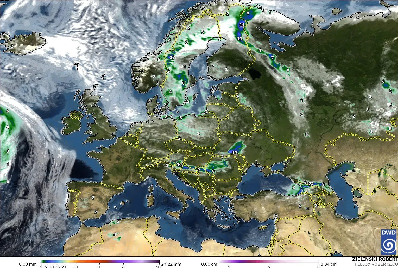ICON modelo - Europa, Precipitação, nuvens e pressão