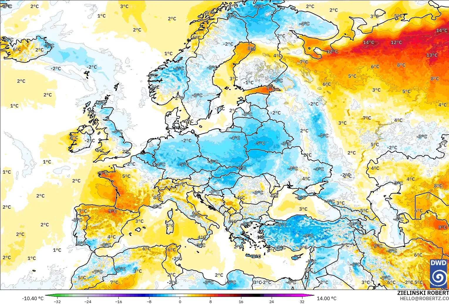 ICON modelo - Europa, Anomalia de temperatura a 2 m