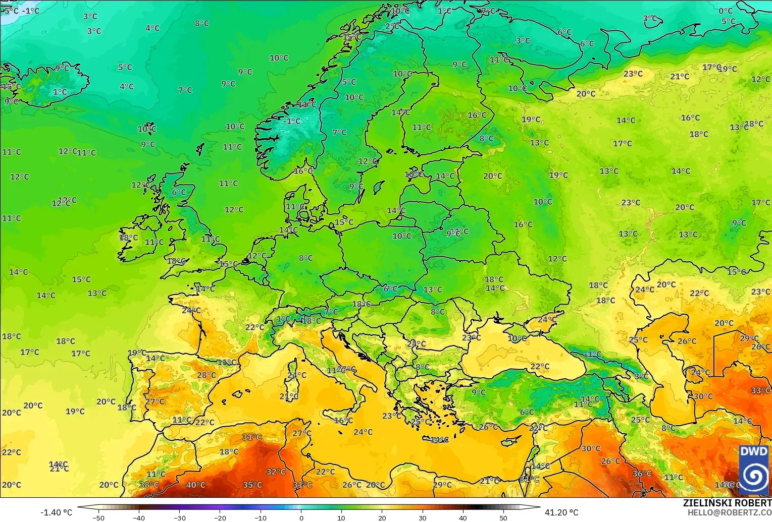 ICON modelo - Europa, Temperatura a 2 m