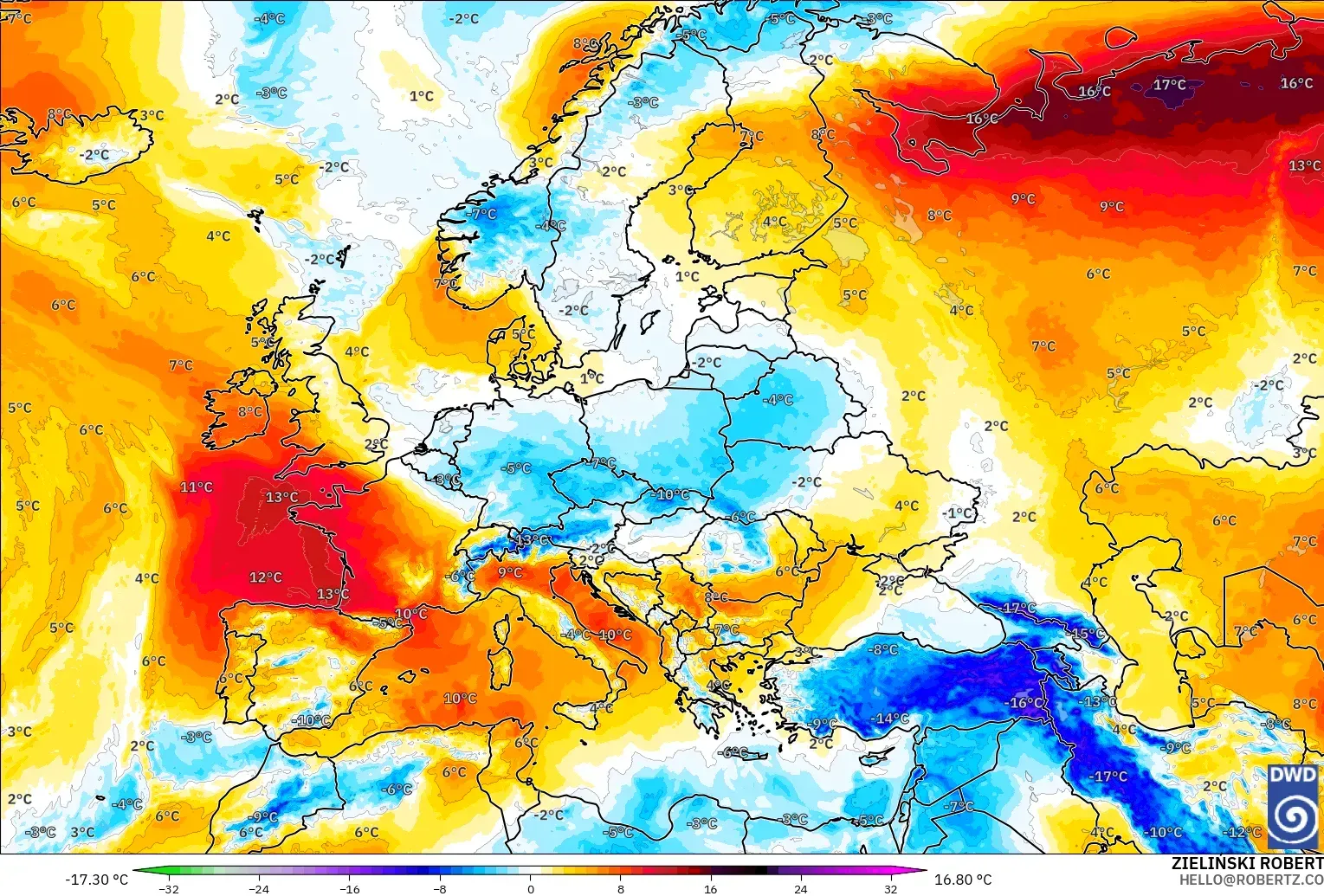 ICON modelo - Europa, Anomalia de temperatura a 850 hPa