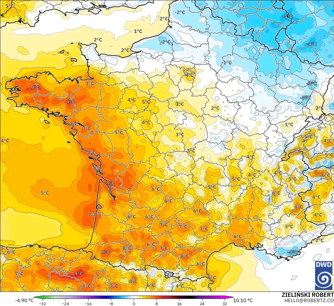 ICON modelo - França, Anomalia de temperatura a 2 m