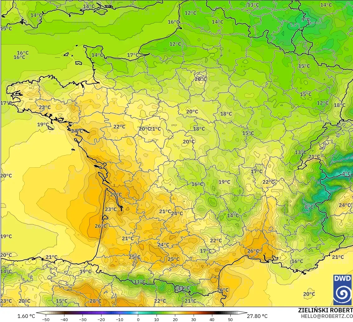 ICON modelo - França, Temperatura a 2 m