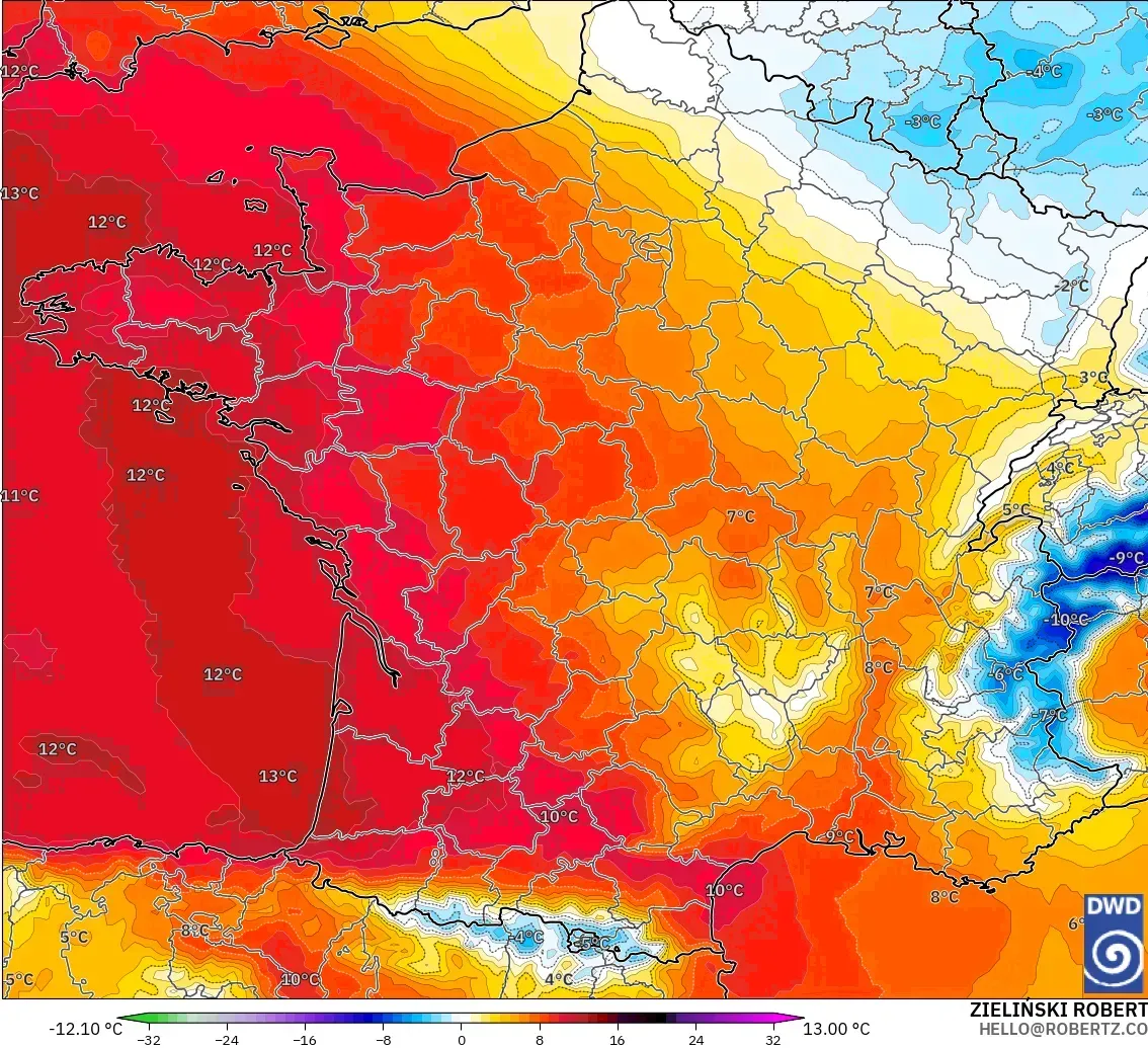 ICON modelo - França, Anomalia de temperatura a 850 hPa