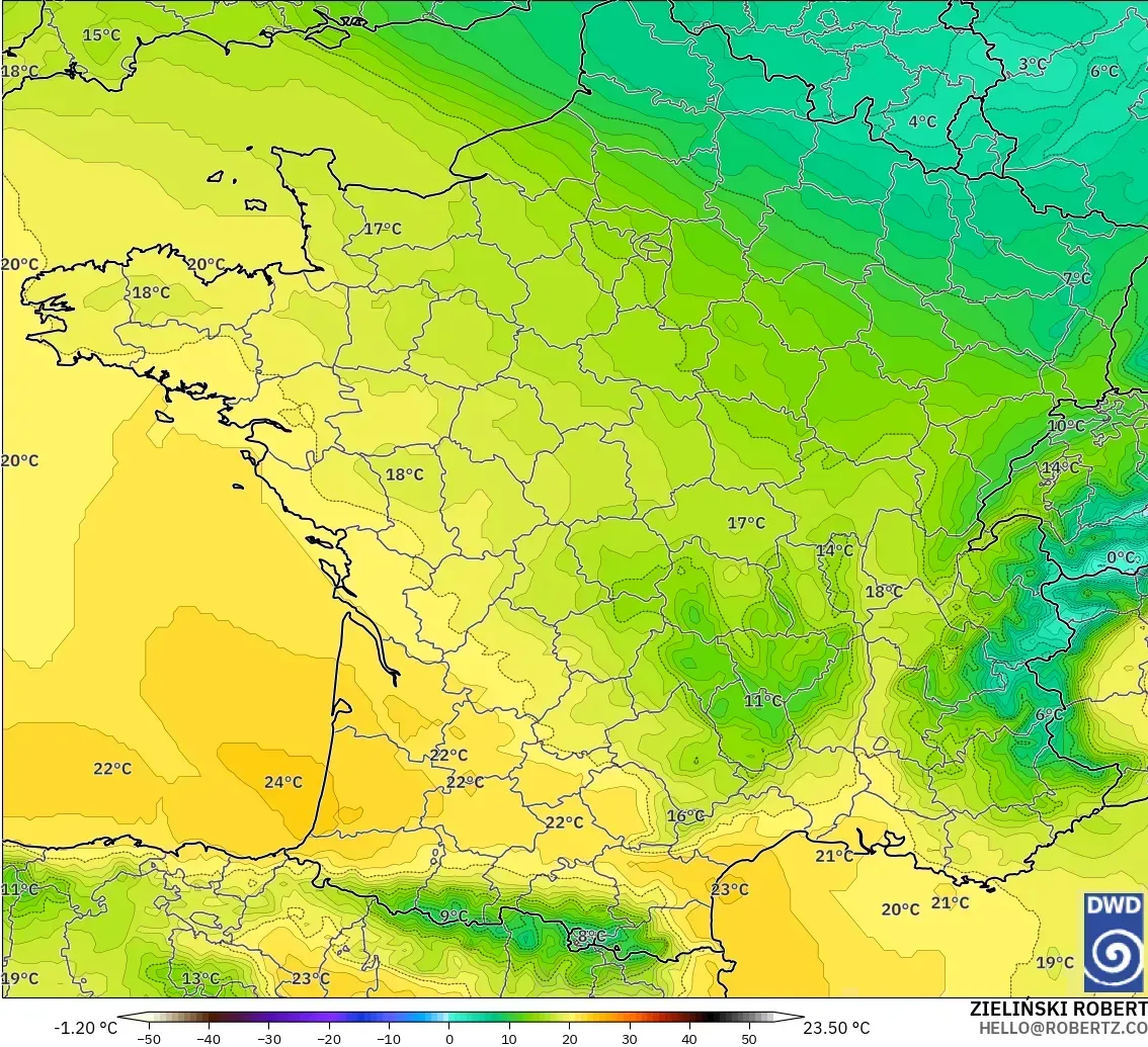 ICON modelo - França, Temperatura a 850 hPa