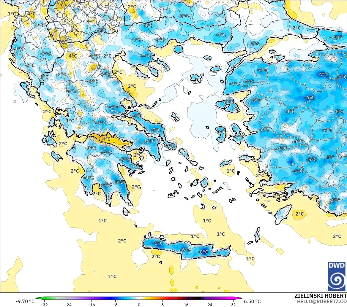 ICON modelo - Grécia, Anomalia de temperatura a 2 m