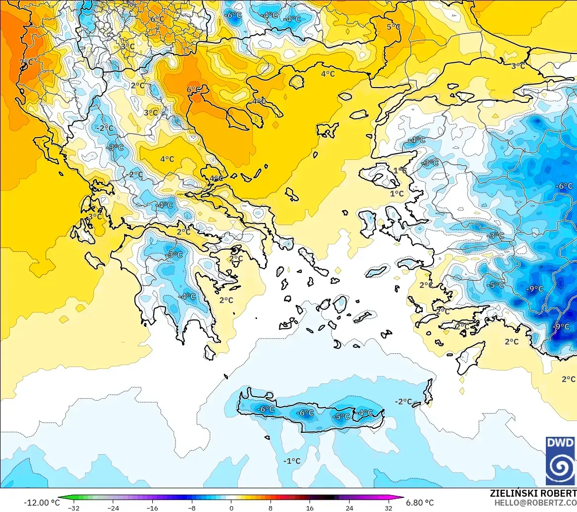 ICON modelo - Grécia, Anomalia de temperatura a 850 hPa