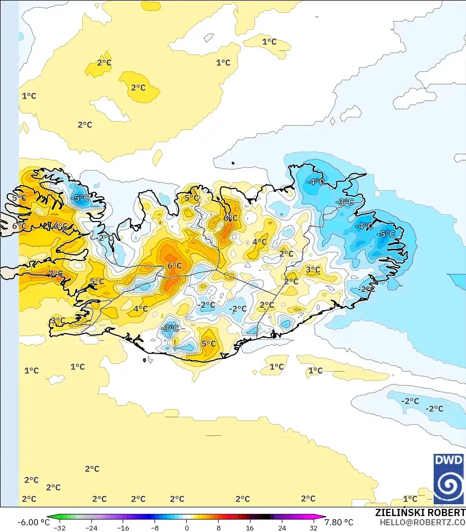 ICON modelo - Islândia, Anomalia de temperatura a 2 m