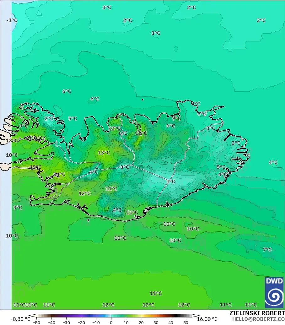 ICON modelo - Islândia, Temperatura a 2 m