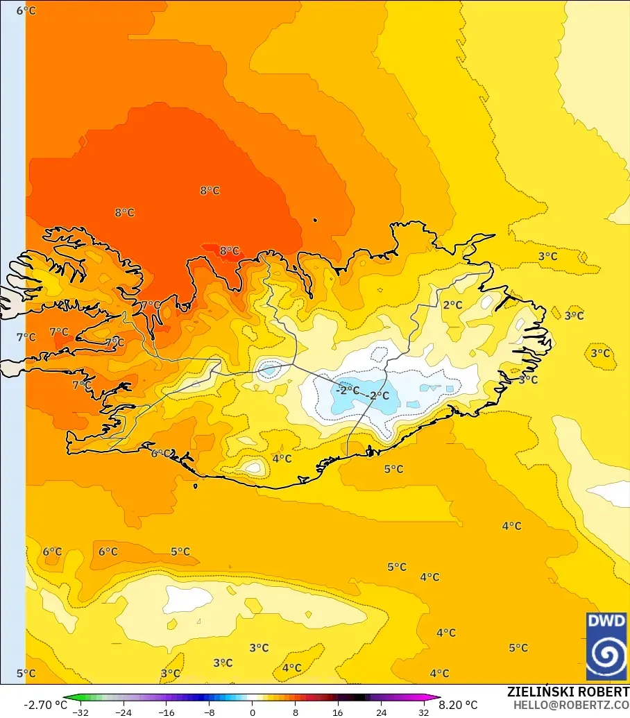ICON modelo - Islândia, Anomalia de temperatura a 850 hPa