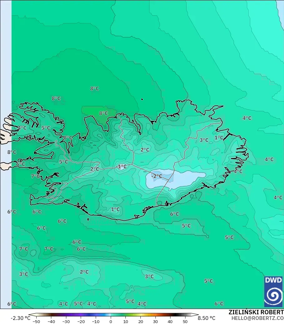 ICON modelo - Islândia, Temperatura a 850 hPa