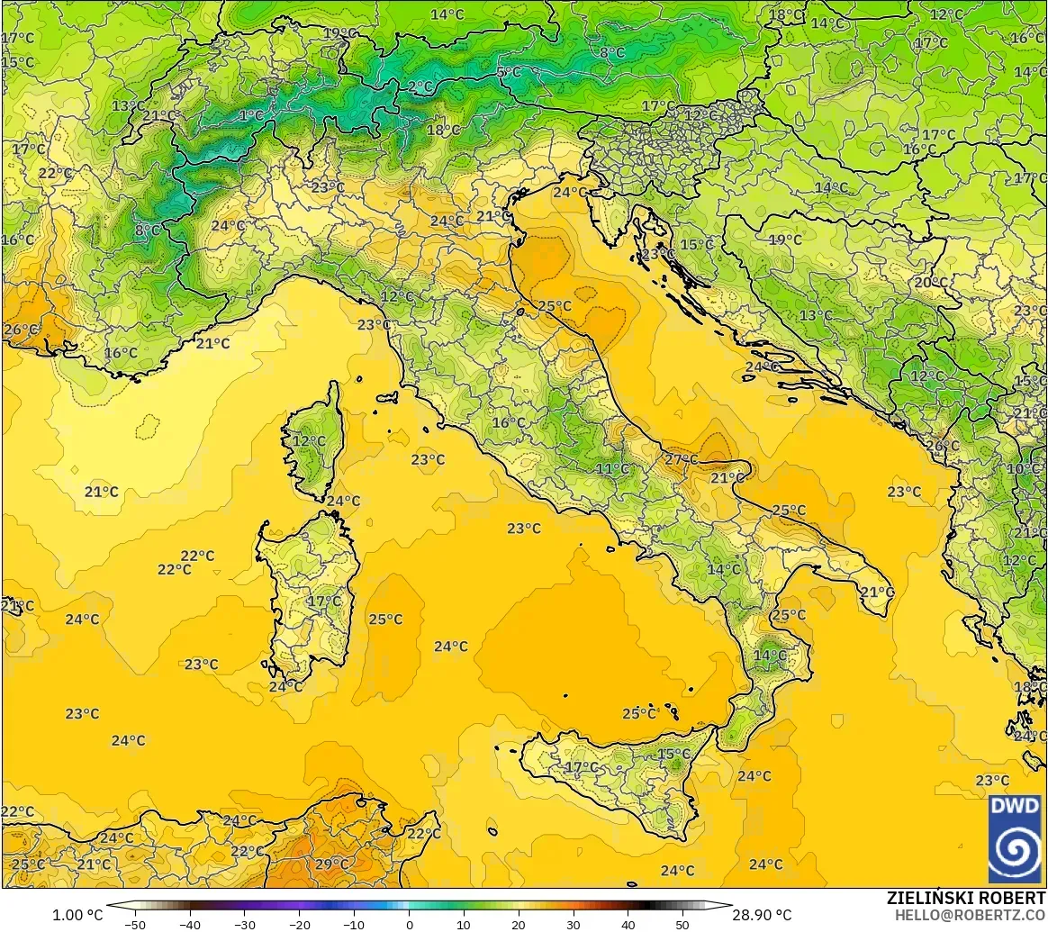 ICON modelo - Itália, Temperatura a 2 m