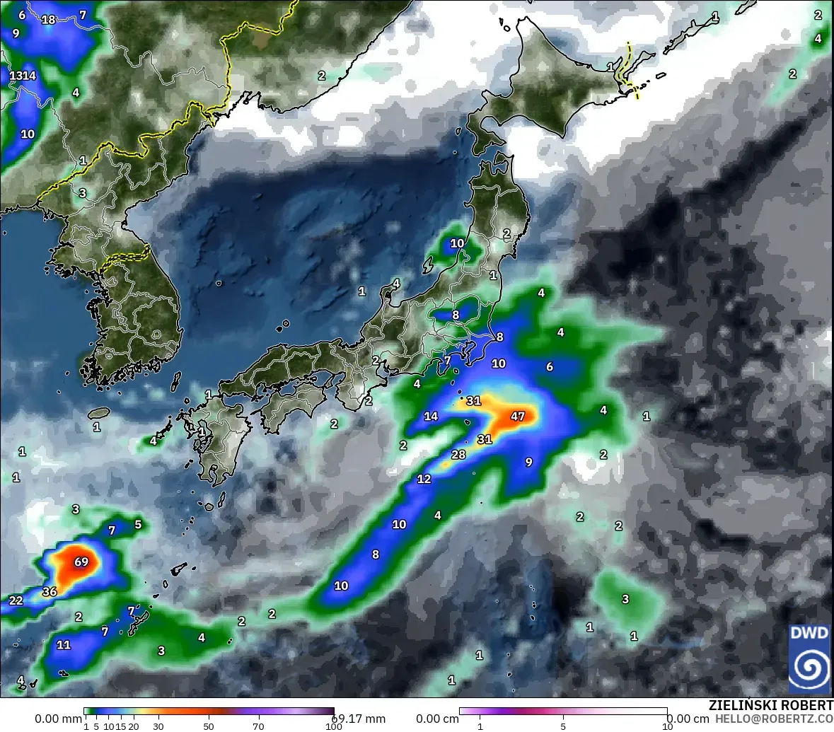 ICON modelo - Japão, Precipitação, nuvens e pressão