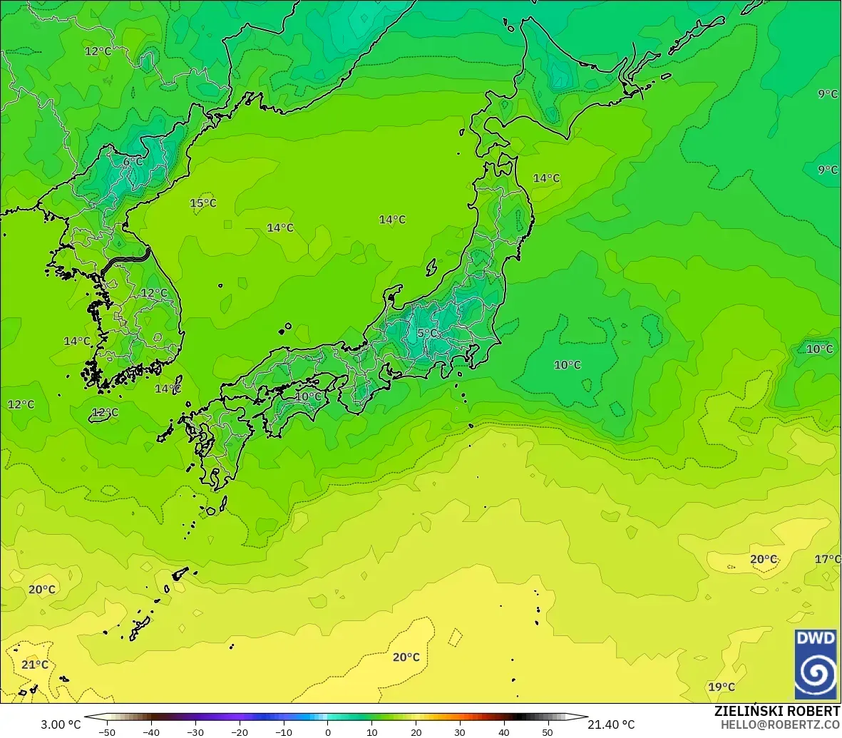 ICON modelo - Japão, Temperatura a 850 hPa