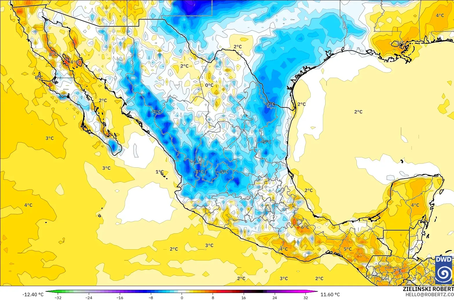 ICON modelo - México, Anomalia de temperatura a 2 m