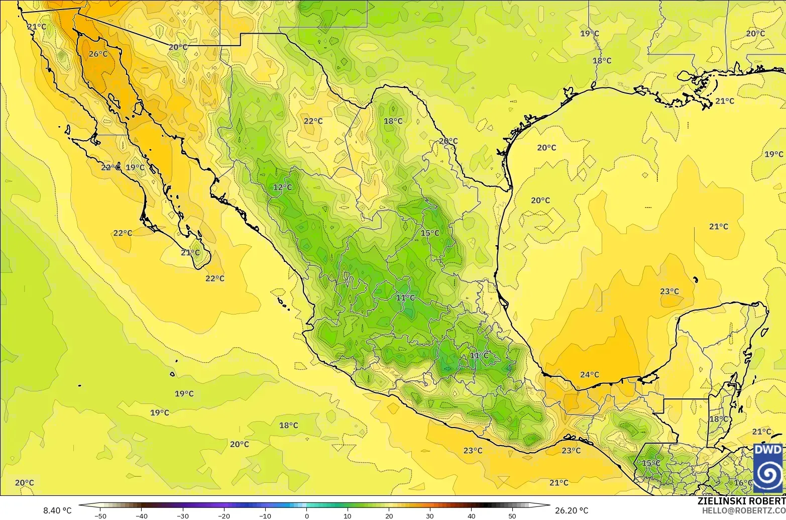 ICON modelo - México, Temperatura a 850 hPa
