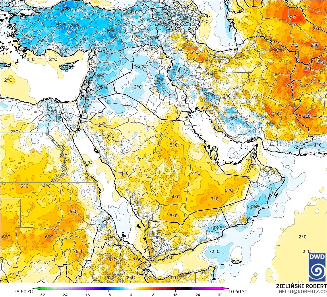 ICON modelo - Oriente Médio, Anomalia de temperatura a 2 m