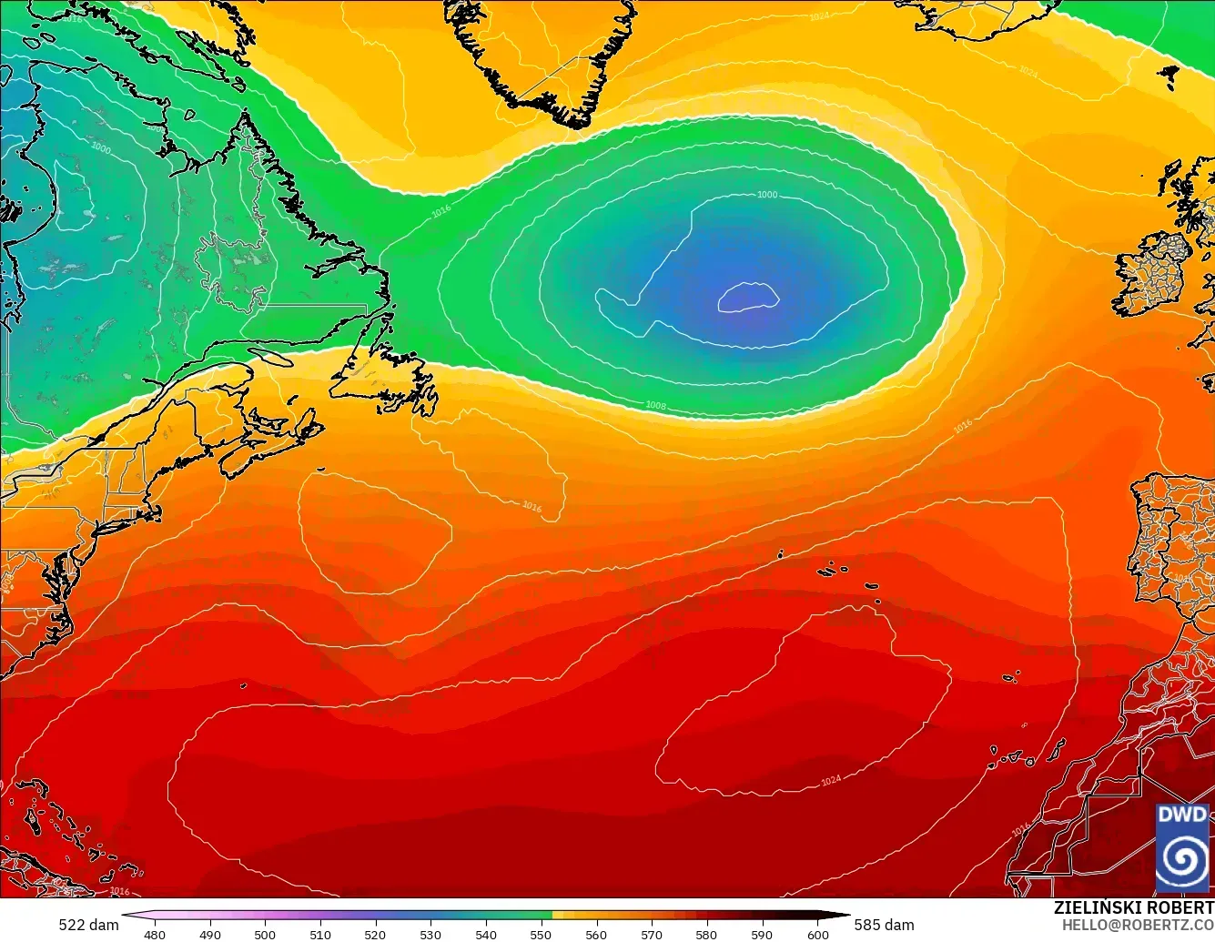 ICON modelo - Atlântico Norte, Altura geopotencial a 500 hPa