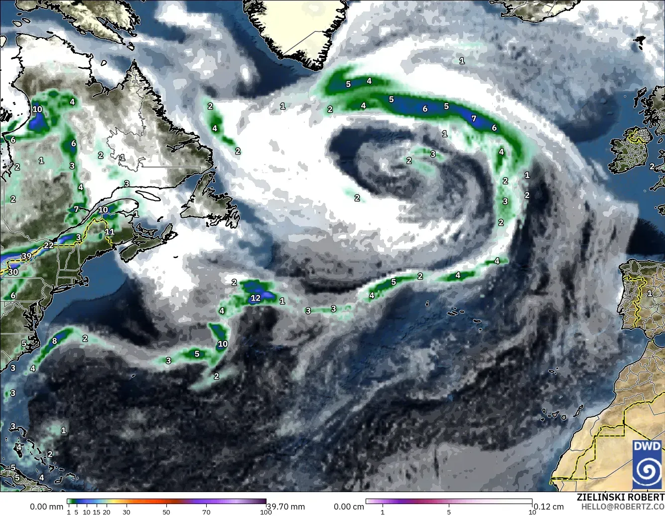 ICON modelo - Atlântico Norte, Precipitação, nuvens e pressão