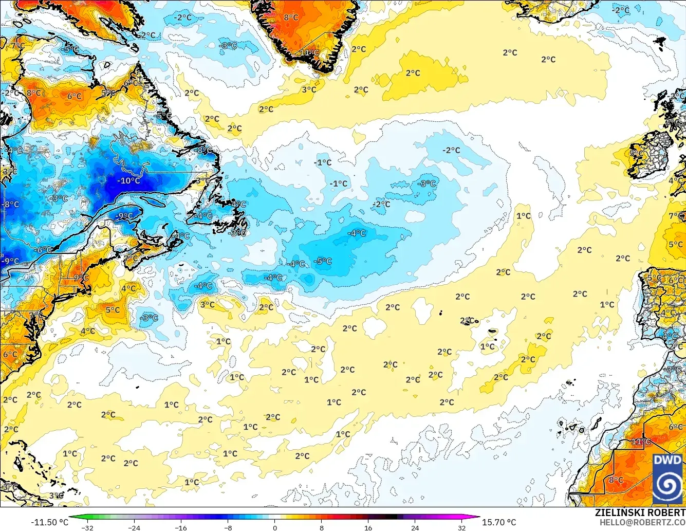 ICON modelo - Atlântico Norte, Anomalia de temperatura a 2 m