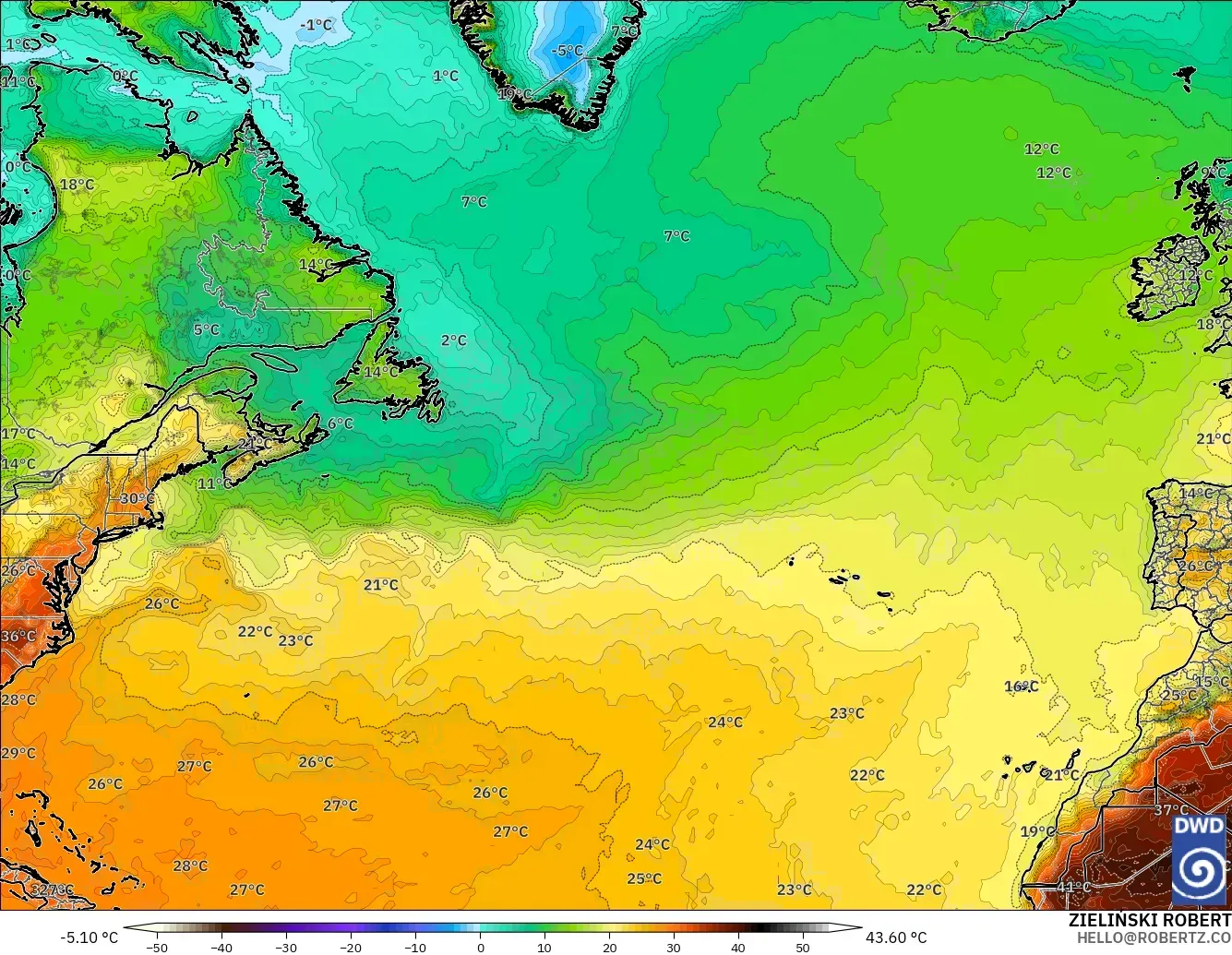 ICON modelo - Atlântico Norte, Temperatura a 2 m