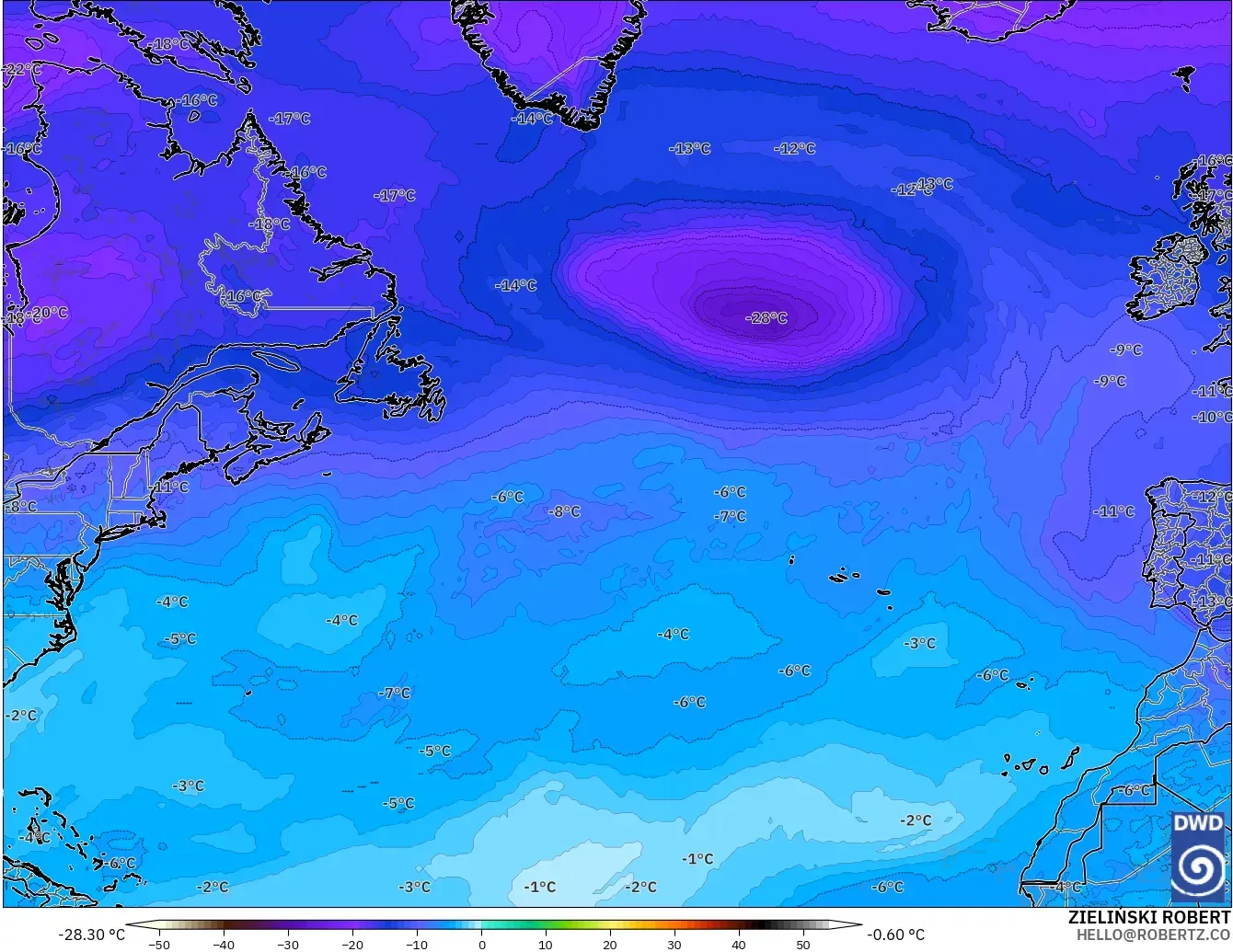 ICON modelo - Atlântico Norte, Temperatura a 500 hPa