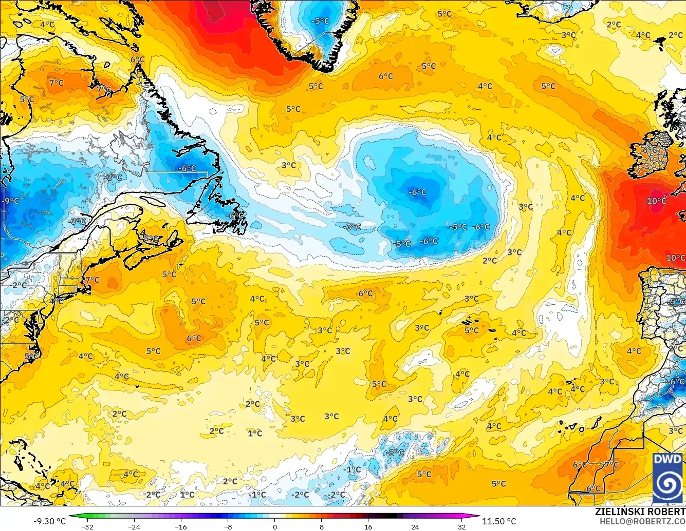 ICON modelo - Atlântico Norte, Anomalia de temperatura a 850 hPa