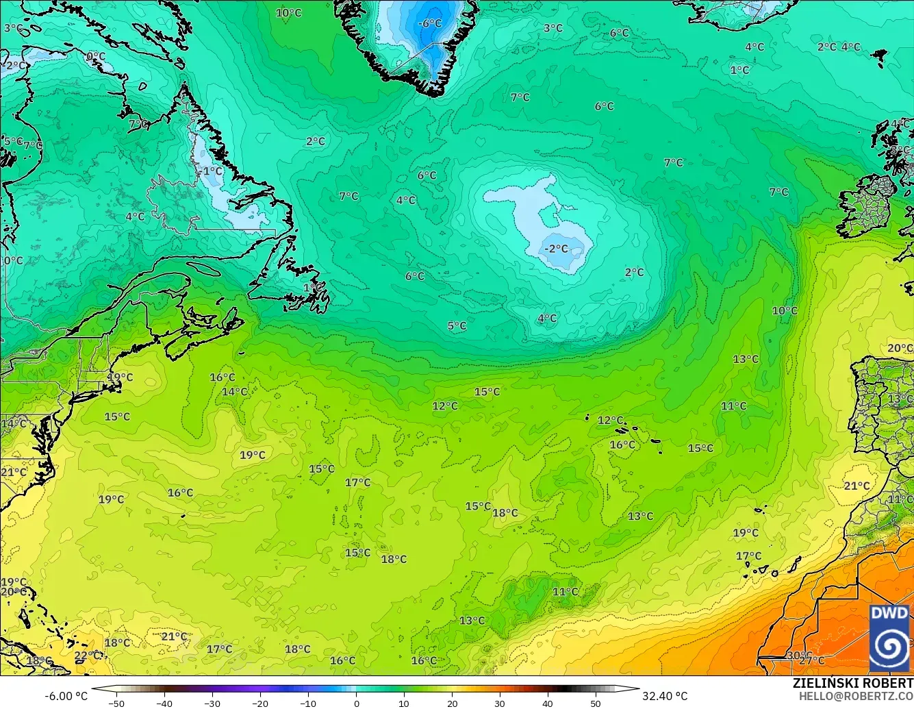 ICON modelo - Atlântico Norte, Temperatura a 850 hPa