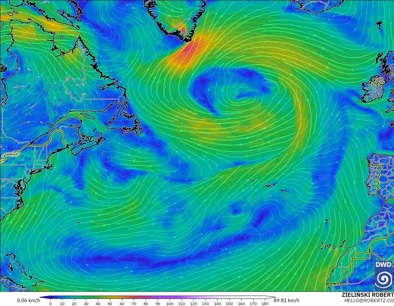 ICON modelo - Atlântico Norte, Vento a 10 m