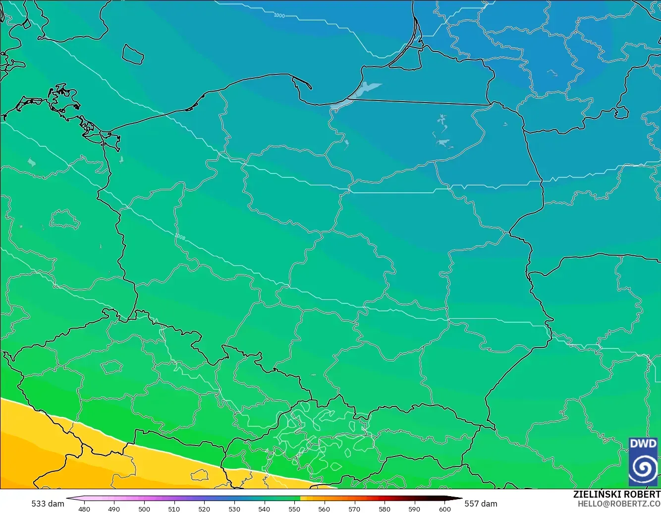 ICON modelo - Polônia, Altura geopotencial a 500 hPa