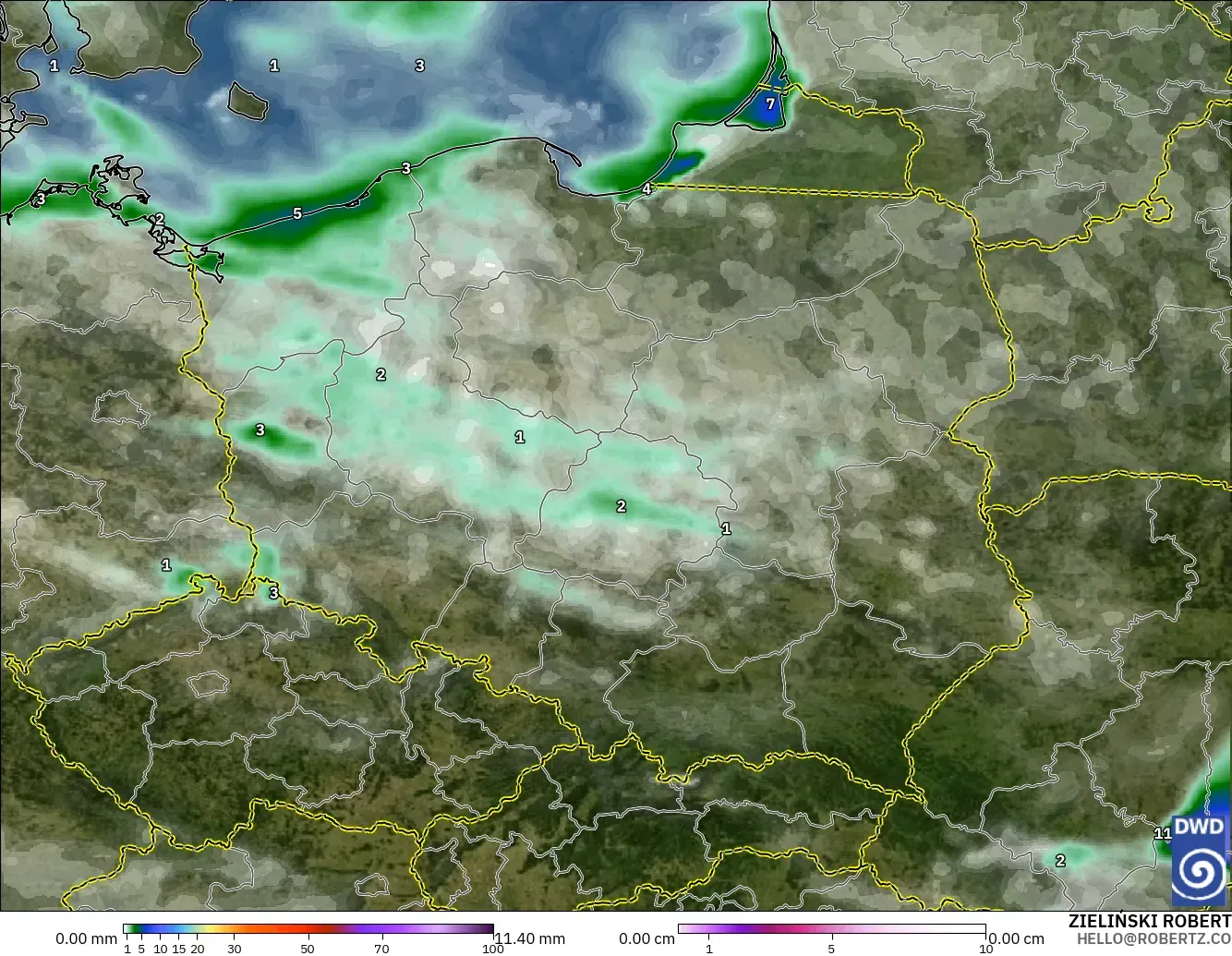 ICON modelo - Polônia, Precipitação, nuvens e pressão