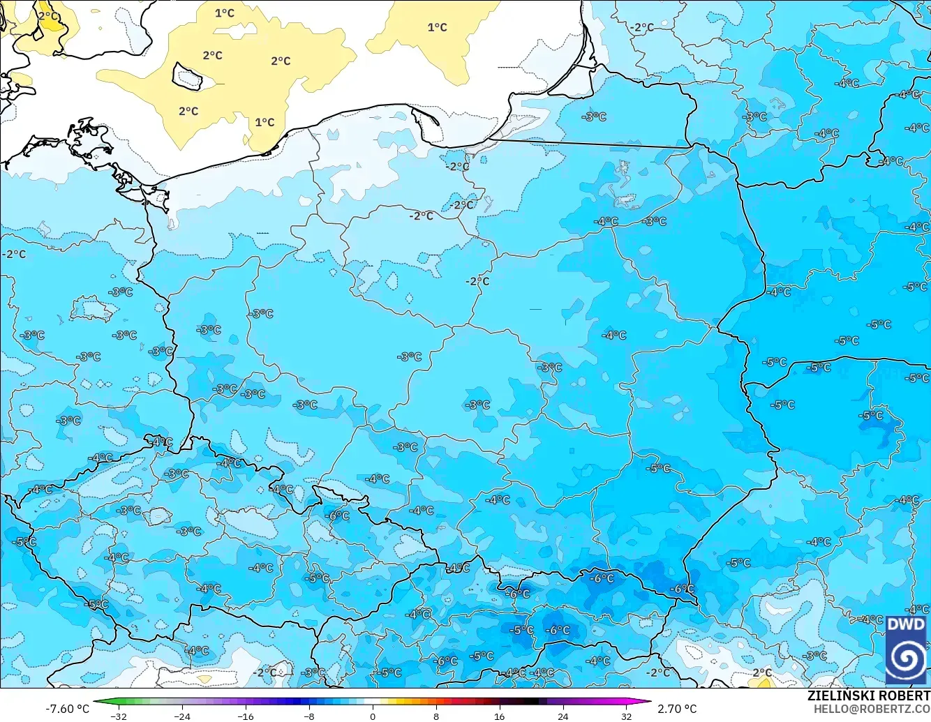 ICON modelo - Polônia, Anomalia de temperatura a 2 m
