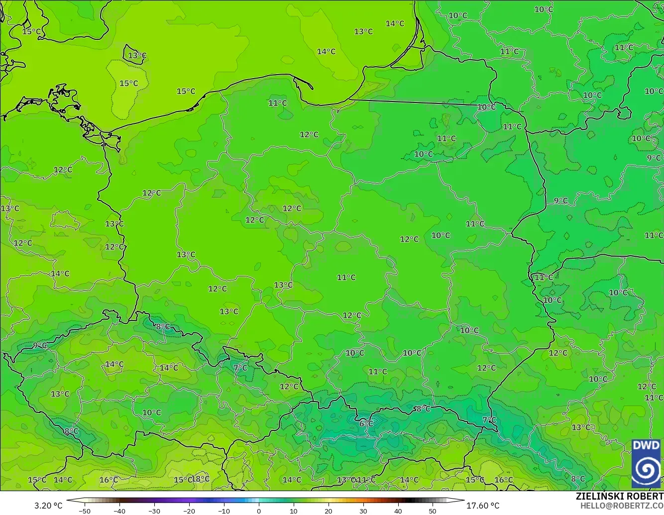 ICON modelo - Polônia, Temperatura a 2 m