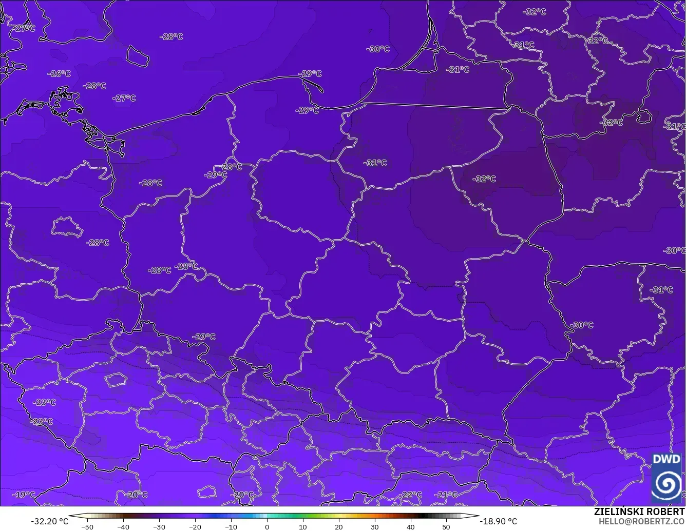 ICON modelo - Polônia, Temperatura a 500 hPa